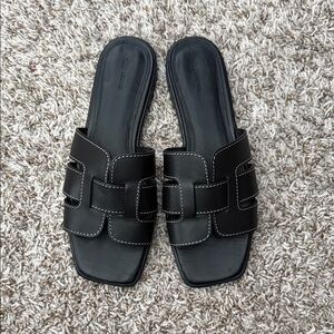 H&M Black Leather Slide Sandals with White Contrast Stitching